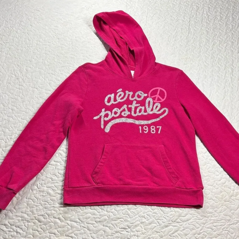 Aeropostale Pink Glitter Logo Hoodie size Large